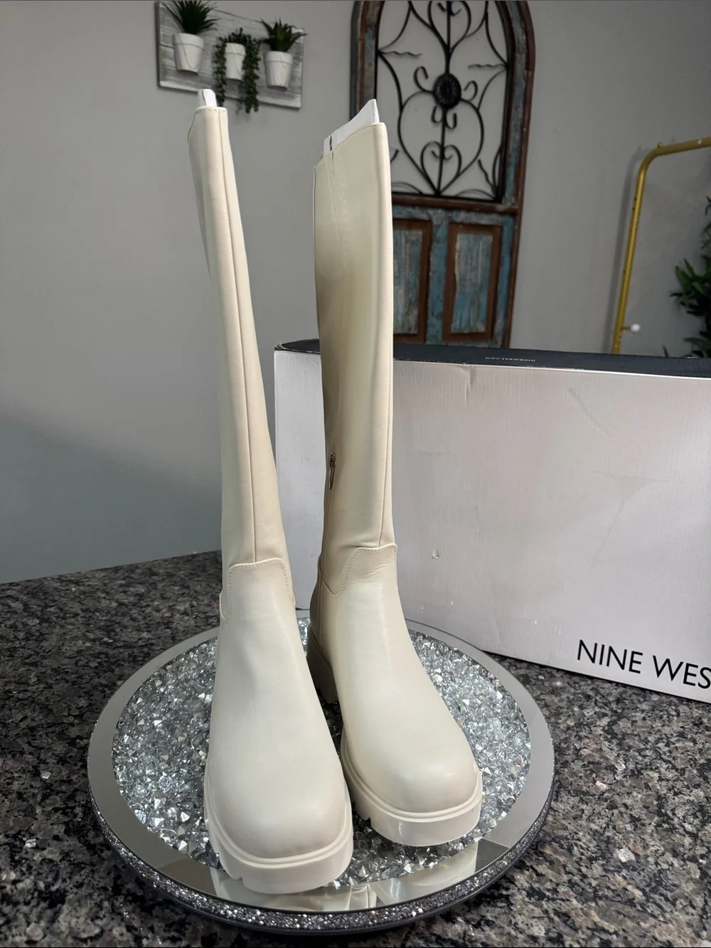 Nine West Verve3 Ivory Knee high Lug Sole Boots NEW 9